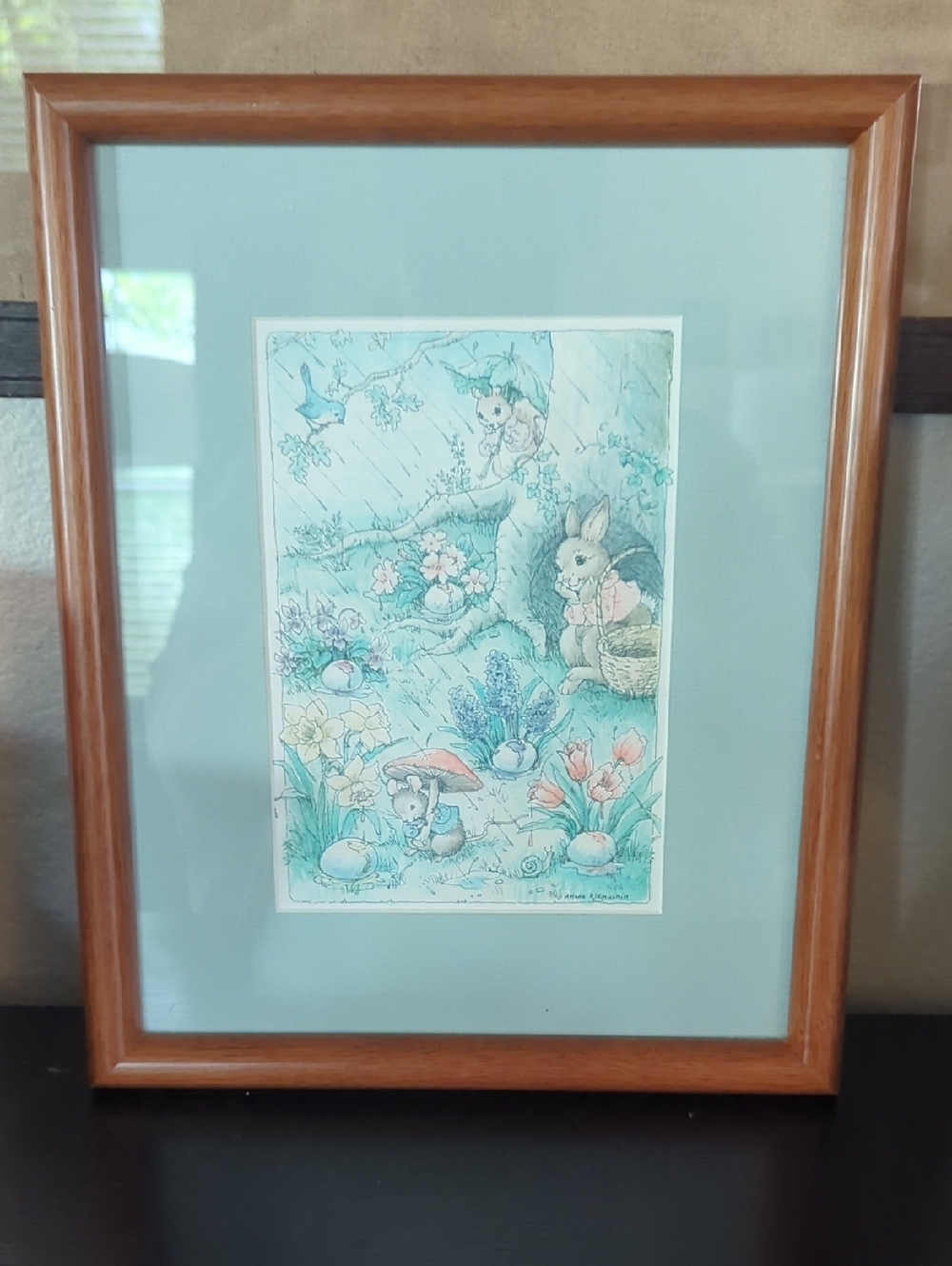 Framed Bunny Garden Wall Art - Light Blue Mat